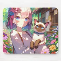 Anime Girl and Siamese Cat  Mouse Pad