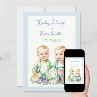 Blue and Green Twin Boys Baby Shower Invitations