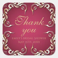 Burgundy And Gold Elegant Vintage Bridal Shower Square Sticker