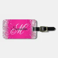 Silver Glitter Hot Pink Fancy Monogram Luggage Tag