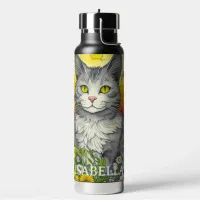 Personalized Whimsical Cat and Flowers Water Bottle