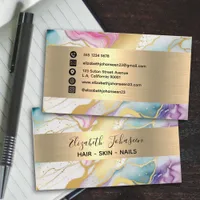 Colorful Watercolor Marble Faux Gold Foil Stripe Business Card