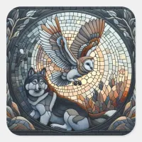 Owl and Wolf Mosaic Ai Art Square Sticker