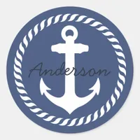 Navy Blue White Round Nautical Rope Anchor Classic Round Sticker