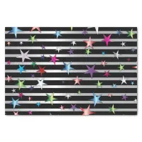 Shiny Confetti Stars On Black and Silver Stripes  Tissue Paper