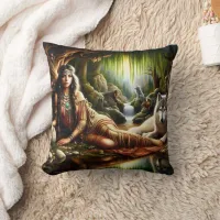 Native American Woman Resting With Wolf by Stream Throw Pillow