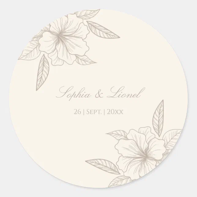 Minimalist Elegant Outline Floral Wedding Classic Round Sticker