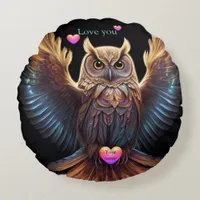 Cute Owl delivers love Hearts Round Pillow