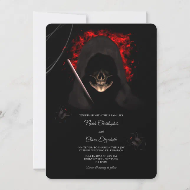 Black spider dark moody gothic skull halloween  invitation
