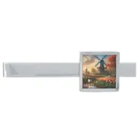 Windmill in Dutch Countryside by River with Tulips Silver Finish Tie Bar