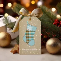 Tartan Christmas Stocking Turquoise and Gold ID209 Gift Tags