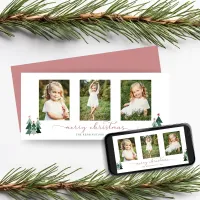 Pink Script Christmas Trees 3 Photo Holiday Card