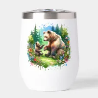 Cute Watercolor Bear and Cub Personalized Thermal Wine Tumbler