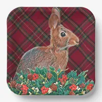 Rabbit with Holly Berries and Plaid Paper Plates