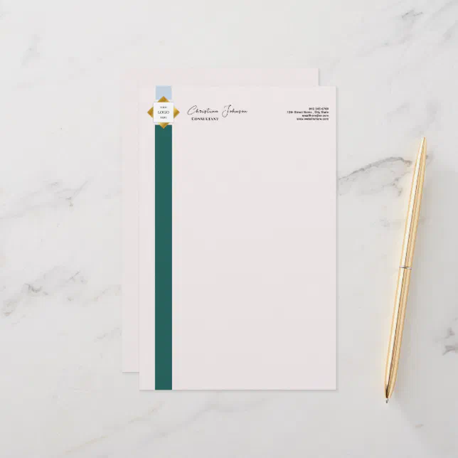 Trendy Green Stripes Gold Logo Stationery