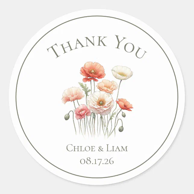 Elegant Poppies Flower Wedding Thank You Classic Round Sticker