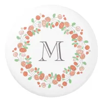 coral roses wreath monogram ceramic knob