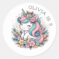 Pink and Blue Unicorn and Flowers Personalized Classic Round Sticker