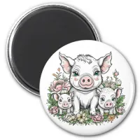 Cute Mama Pigs and Piglets in Flowers Magnet