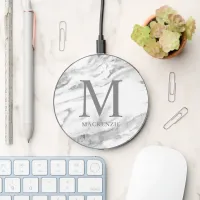 Chic Silver Foil Marble Monogram Wireless Charger