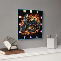 Fiery motorcycle with sidecar at sunset square wall clock