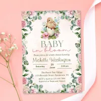 Baby Bird Watercolor Pink Floral Baby in Bloom Invitation