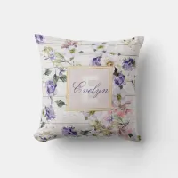 Romantic Vintage Retro Flowers on Barn Wood & Name Throw Pillow