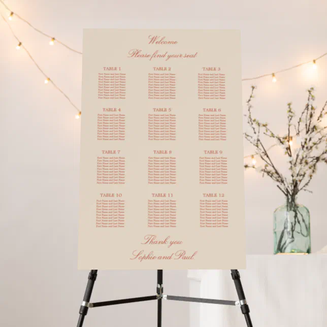 Terracotta Script 12 Table Wedding Seating Chart Foam Board