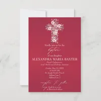 Magenta Watercolor Floral Holy Cross Girl Baptism Invitation