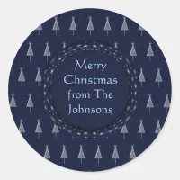 Elegant Blue Christmas Trees and Stars Classic Round Sticker