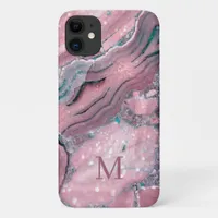 Girly Rose Gold Pink Agate Quartz Sparkle Monogram iPhone 11 Case