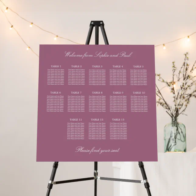 Mauve 13 Table Wedding Seating Chart Foam Board