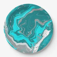 Blue, Teal and Turquoise Marble Fluid Art  Paper Plates