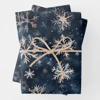 Simple Dark Blue with Snowflakes Wrapping Paper Sheets