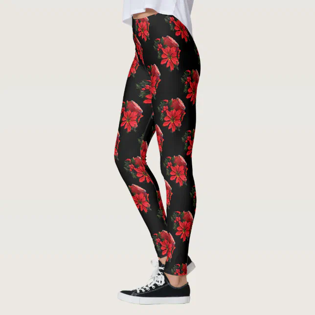 Festive Red Christmas Candle, Holly and Poinsettia Leggings