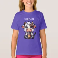  Cute Baby Cow Drinking Boba Kawaii Cartoon T-Shirt