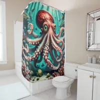 Cute Octopus under the sea reds and blues Shower Curtain