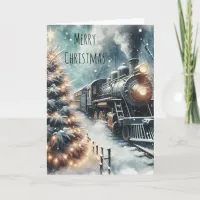 Old-Fashioned Train and Vintage Winter Scene Card