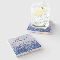 Thumbnail for Simple Blue Brushed Metal and Glitter Monogram | Stone Coaster