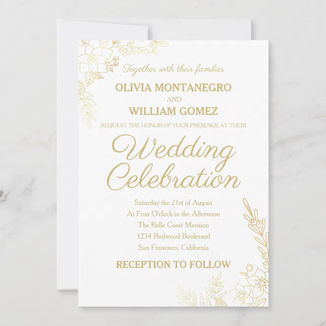 Lacy Gold Auburn Brown Simple Elegant Wedding Invitation