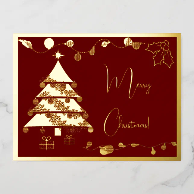 Christmas tree and ornaments in gold foil holiday postcard