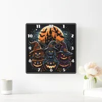 Festive Halloween pumpkins glowing under moonlight Square Wall Clock