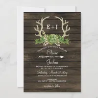 Rustic Barn Wood Succulent Antlers Wedding  Invitation