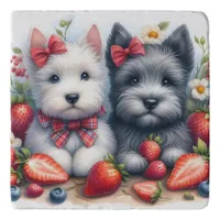 Cute Dogs and Strawberries Whimsical Trivet