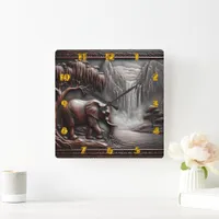 Elephant by Waterfall in Carved Relief Square Wall Clock