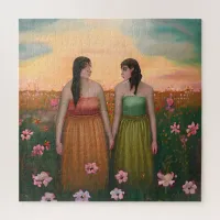 Lesbian Couple Holding Hands in Meadow of Flowers Jigsaw Puzzle