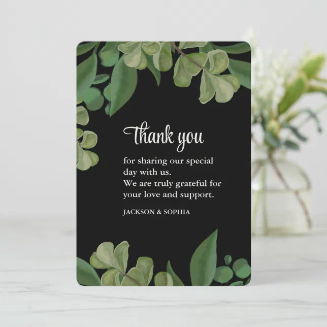 Black & green Elegant rustic greenery leaves lush Thank You Card