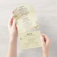 Vintage Blush Pink Rose Floral Watercolor Greenery All In One Invitation