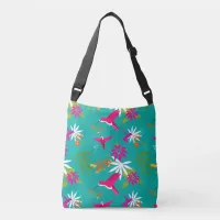 Blue Pink Purple Hummingbird Tropical Flower Print Crossbody Bag