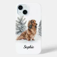 Long Haired Dachshund Doxie Sausage Dog In Snow iPhone 15 Case